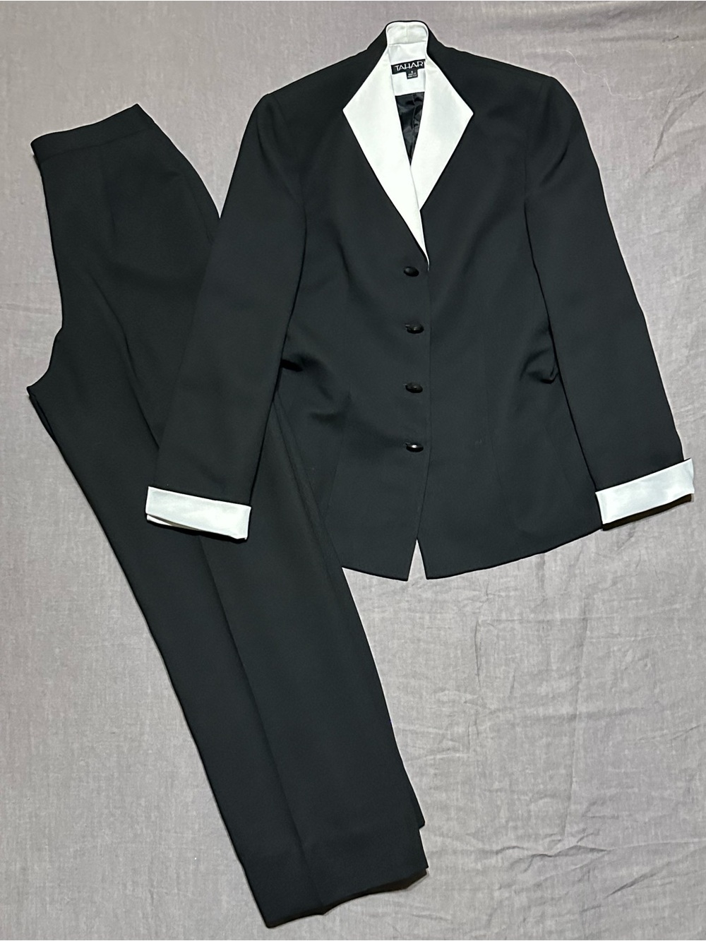 Tahari Tuxedo Style Black Suit with White Contrast Lapel & Cuff